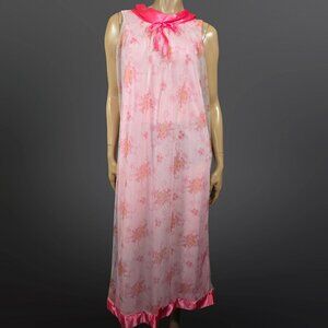 Vintage 70s Double Nylon Chiffon Maxi Nightgown Pink Floral Satin Trim Size S